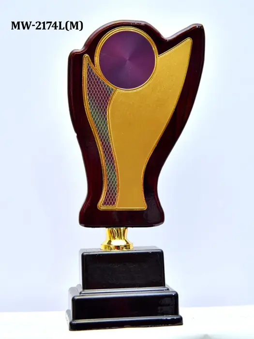 Designer wooden trophy with purple accent